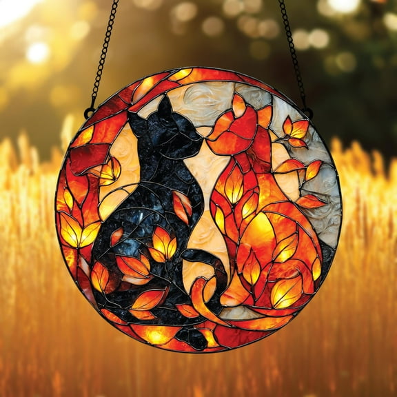 Cat Couple Faux Stained Glass Suncatcher â€“ Acrylic Hanging Window Art with Black and Orange Cats, Cozy Gift for Pet Moms and Cat Lovers
