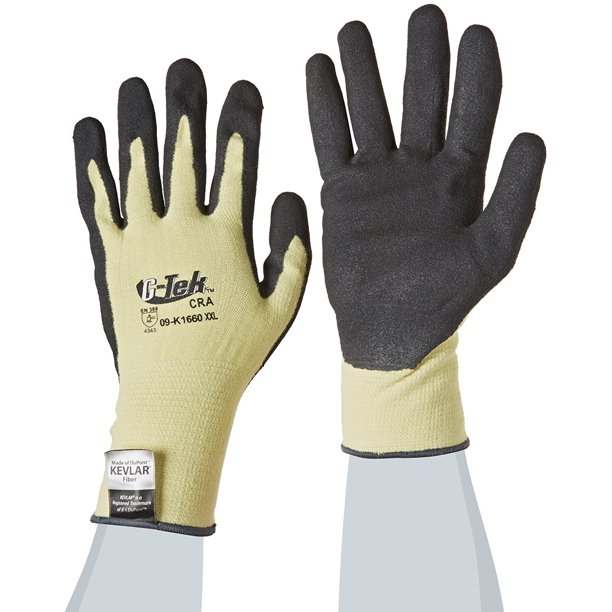 GTek CR 09K1660 Kevlar Cut Resistant Gloves, Black/Yellow, XXLarge