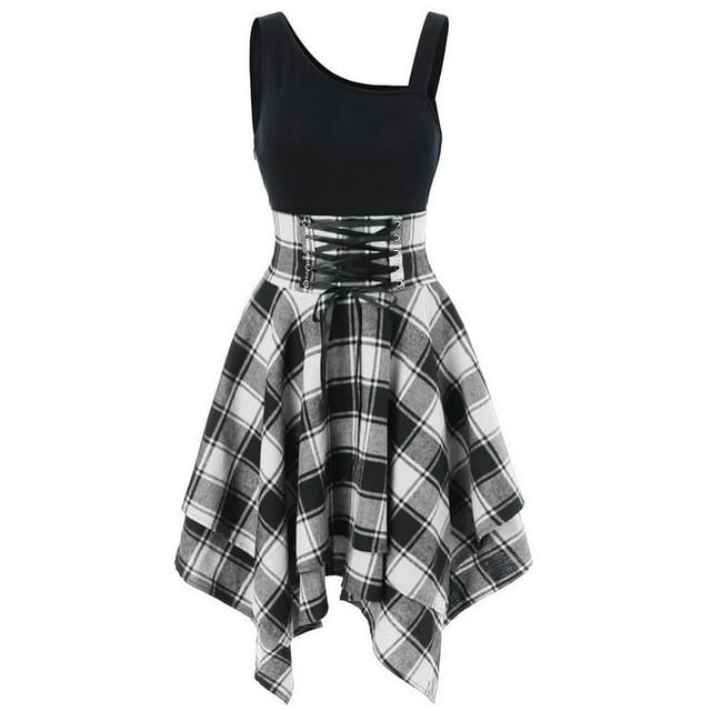 PENGXIANG Mode Femmes Sans Manches Épaule Froide Croix Dentelle jusqu'à Plaid Imprimé Robe Irrégulière