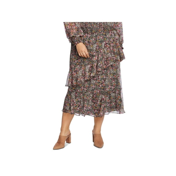 1.State Womens Plus Floral Ruffled Tiered Skirt Black 3X