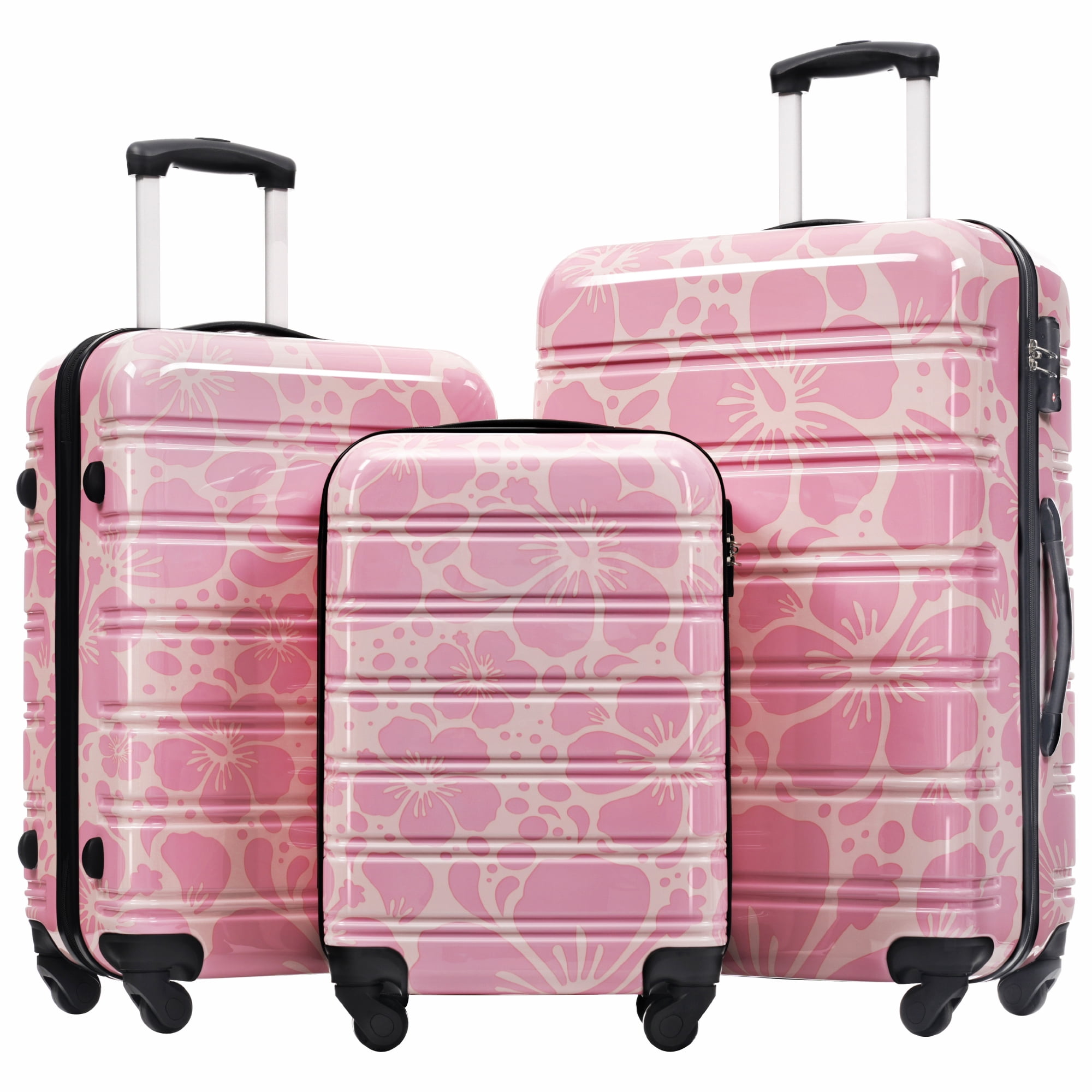 3-Piece Hardshell Luggage Set with Spinner Wheels & Combination Lock, Lightweight ABS+PC Suitcase Set 20" 24" 28" for Carry On and Checked Bags, Pink