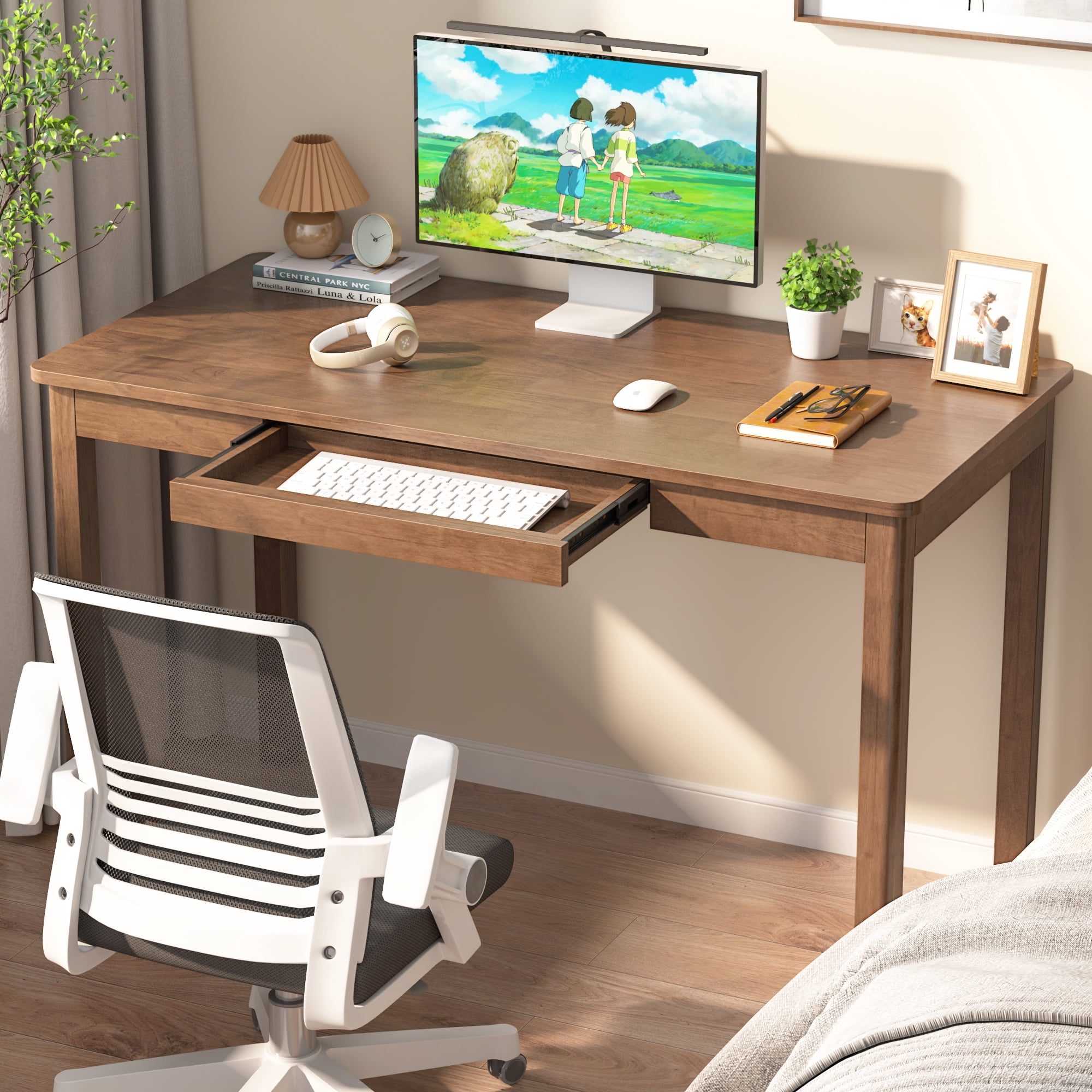 BESKADI 100% Solid Wood Desk with Keyboard Tray - 48 x 24 Inch Computer Desk with Keyboard Tray, Mid Century Modern Writing Desks, Simple Study Table Home Office Desks for Small Spaces|Bedroom-Walnut
