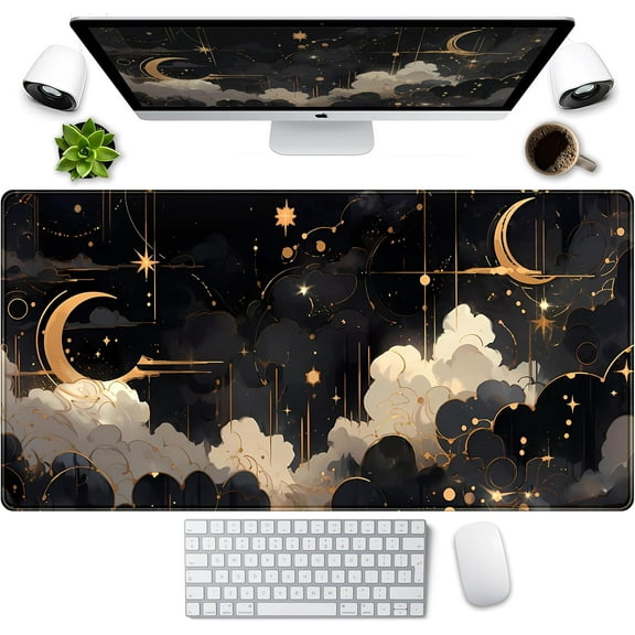 Black and Gold Celestial Desk Mat XXL Extended Gaming Mouse Pad Large Mousepad with Stitched Edges, Laptop Computer Keyboard Mouse Mat Desk Pad for Work Game Office Home Desk Decor 31.5x15.75 in