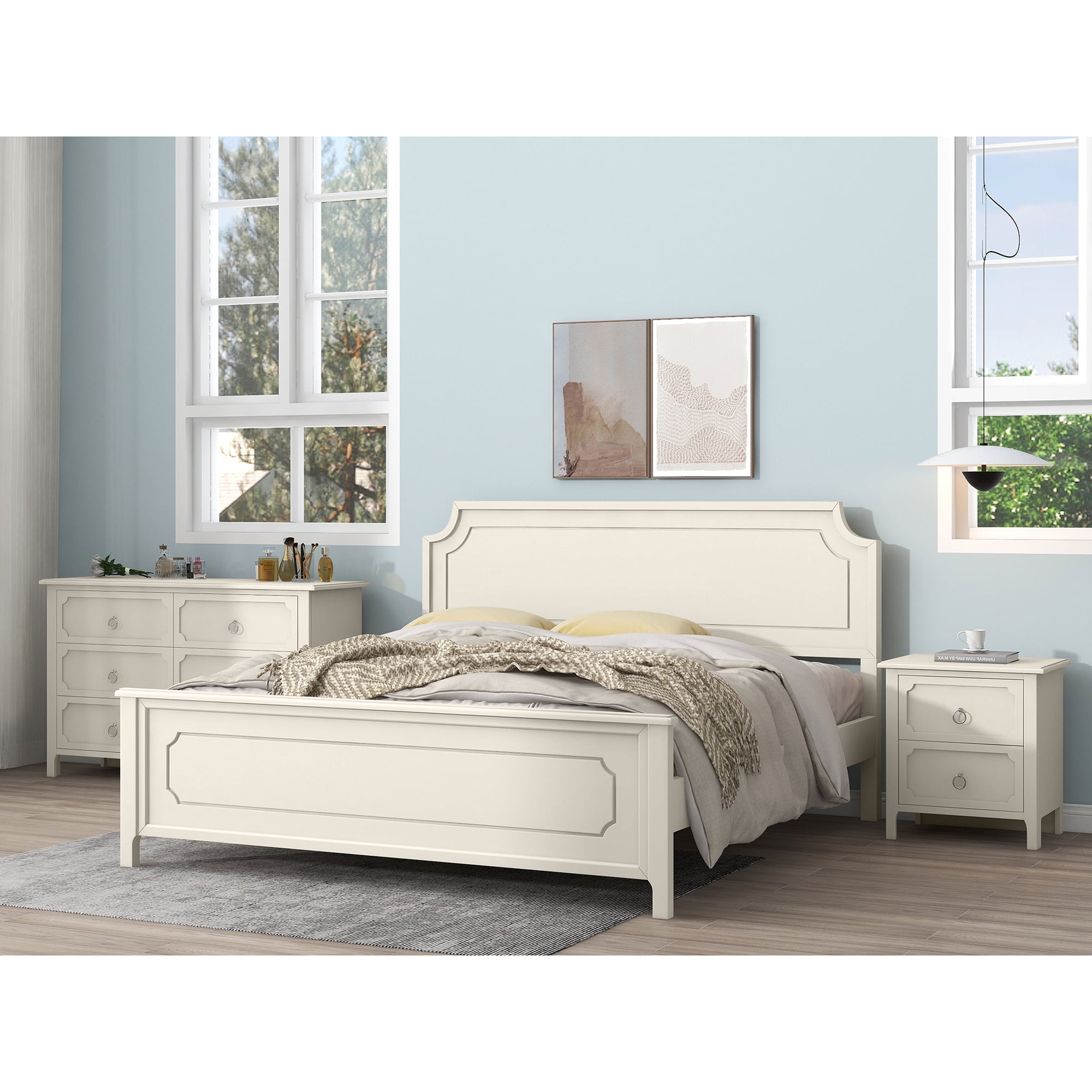 Resenkos 3 Pieces Solid Wood Bedroom Furniture Set King Size Platform Bed, Nightstand and Dresser Milky White Resenkos 3 Pieces Solid Wood Bedroom Furniture Set King Size Platform Bed, Nightstand and Dresser Milky White