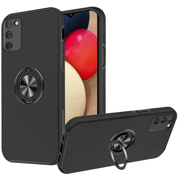 For Samsung Galaxy A02S Hybrid 360 Degree Rotatable Metal Invisible Ring Stand Holder Fit Magnetic Car Mount Shockproof Slim Cover ,Xpm Phone Case [Black]