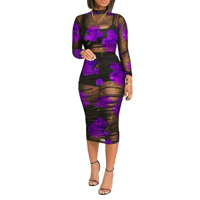 Vestido Mojessy Sheer Mesh para mujer, manga larga, ajustado, morado