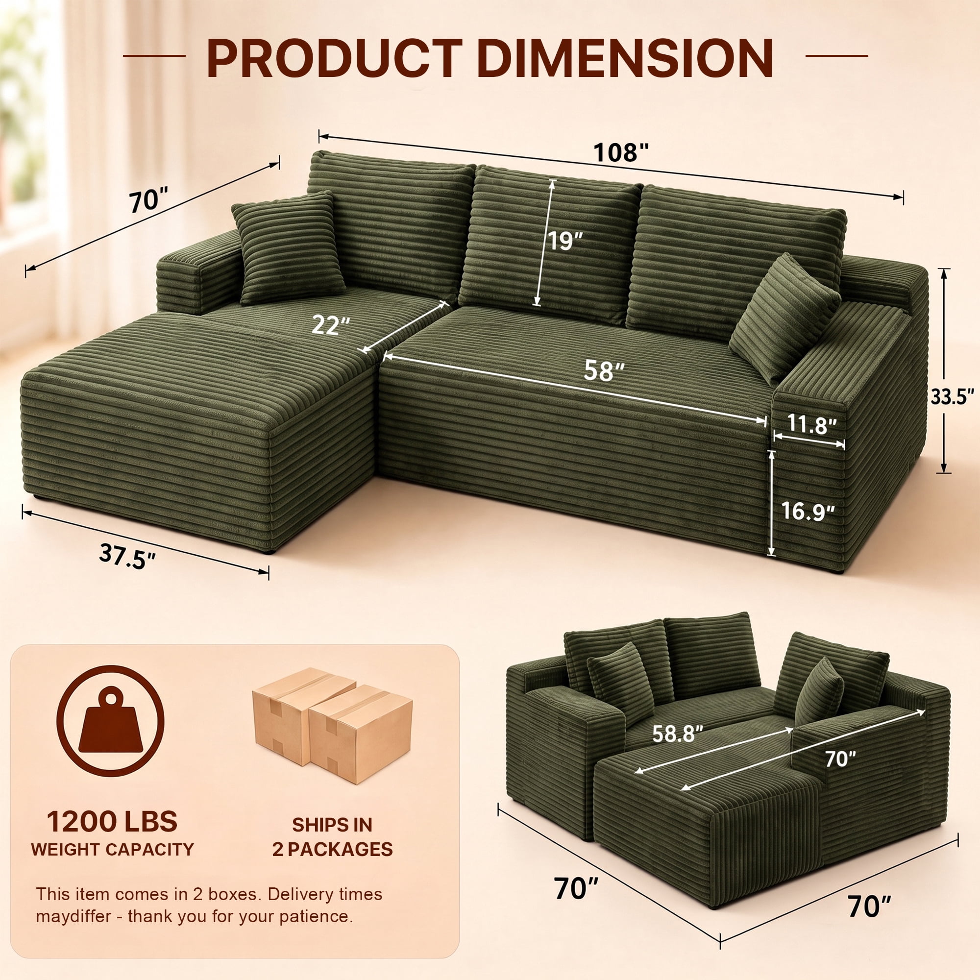 Aukfa 108" Cloud Sectional Sofa Deep Seat Boneless Couch Modular L-Shaped Couch, Left Chaise Corduroy Sofa for Living Room, Green
