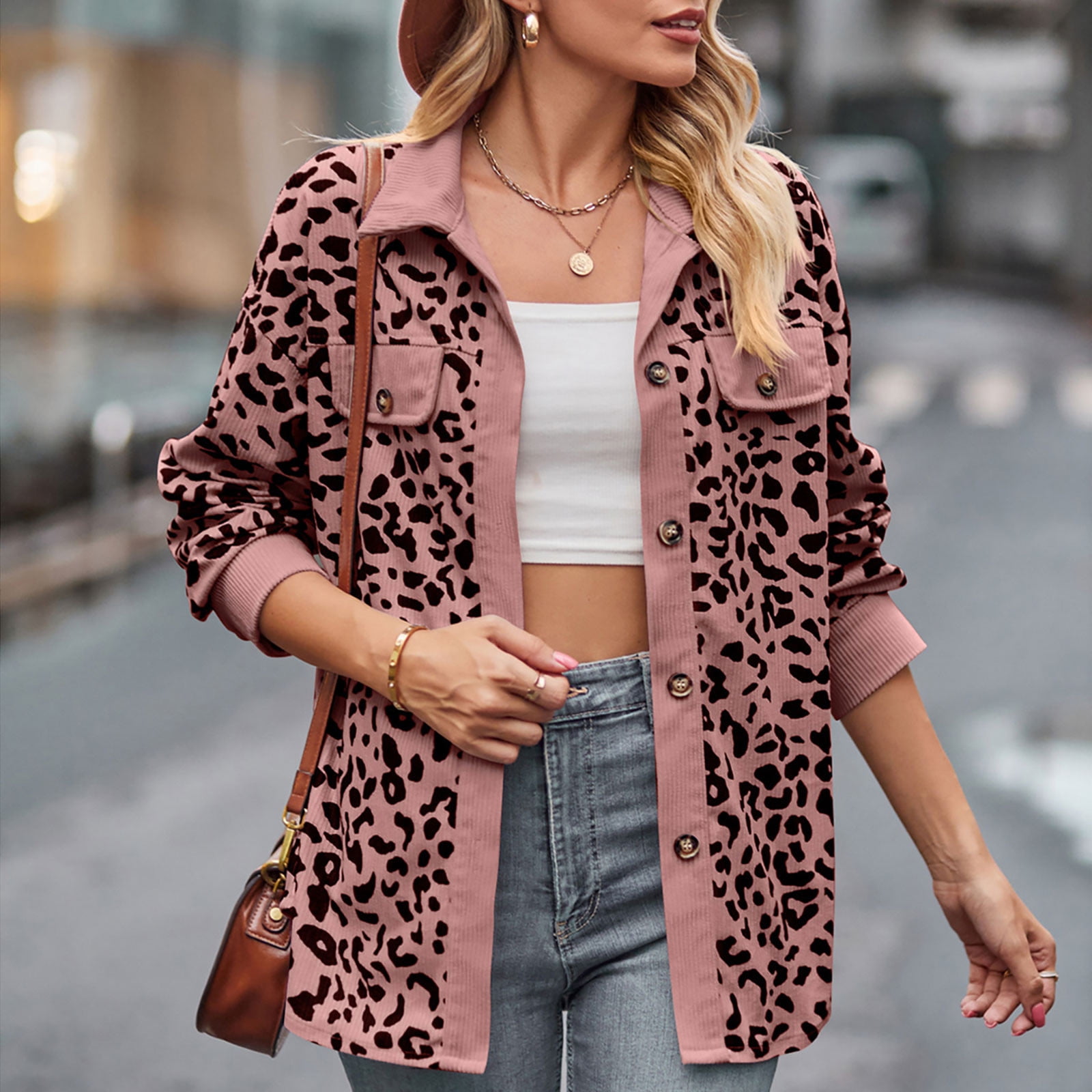 PEZHADA Womens Shacket Jacket New Leopard Print Button Long Sleeve Jacket Shirt Coat with Pocket Pink