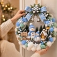 thumbnail image 6 of Snowman Pom Pom Christmas Wreath, Pastel Blue Pom Pom Christmas Wreath, Snowman & Lighted Cabin Accent, Unique Winter Front Door Decoration, 6 of 6