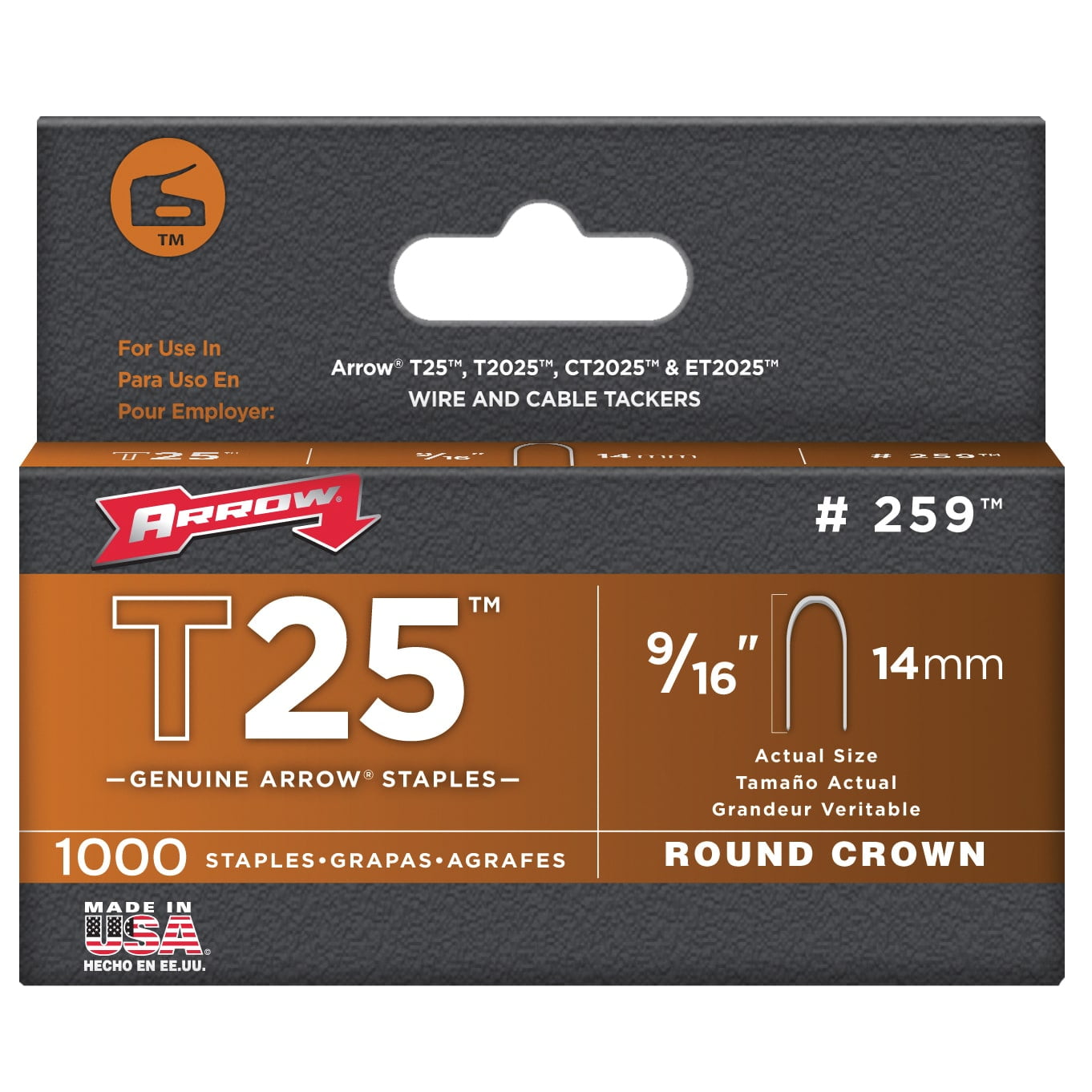 ARROW STAPLES T25  #259  9/16" ROUND CROWN 14MM 1000 COUNT BOX MADE IN USA 