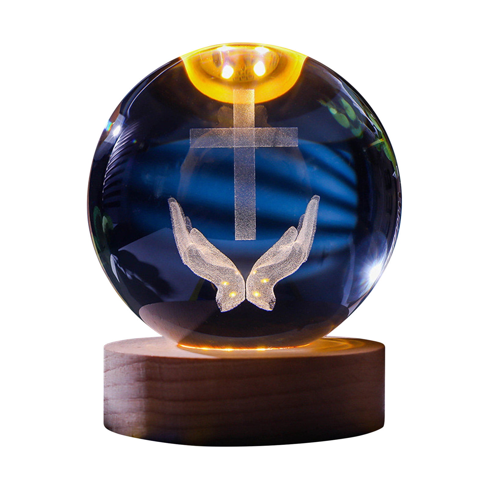 BGZLEU Holy Crystal Ball, Glowing Crystal Ball Night Light, 3D Crystal Praying Hands with Jesus Cross Statue, 3D Holy Figurine with Wooden Base Easter Christmas Religious Gifts for Home Decor
