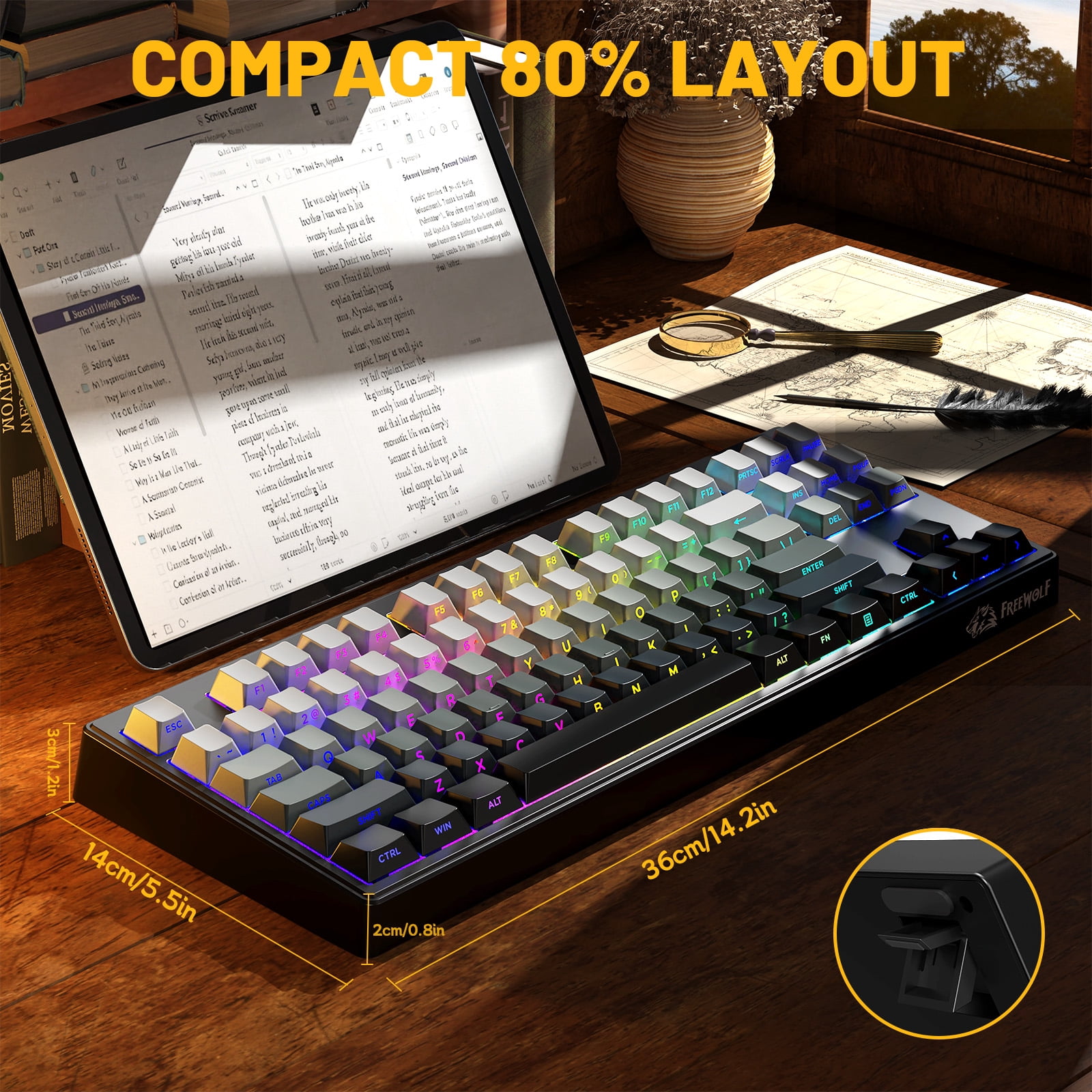 ZIYOU LANG M87V2 Wireless Keyboard, 80% TKL Creamy Keyboard, Low Profile Quiet Typing, Side-Printed PBT Keycaps, RGB Backlit, Gray