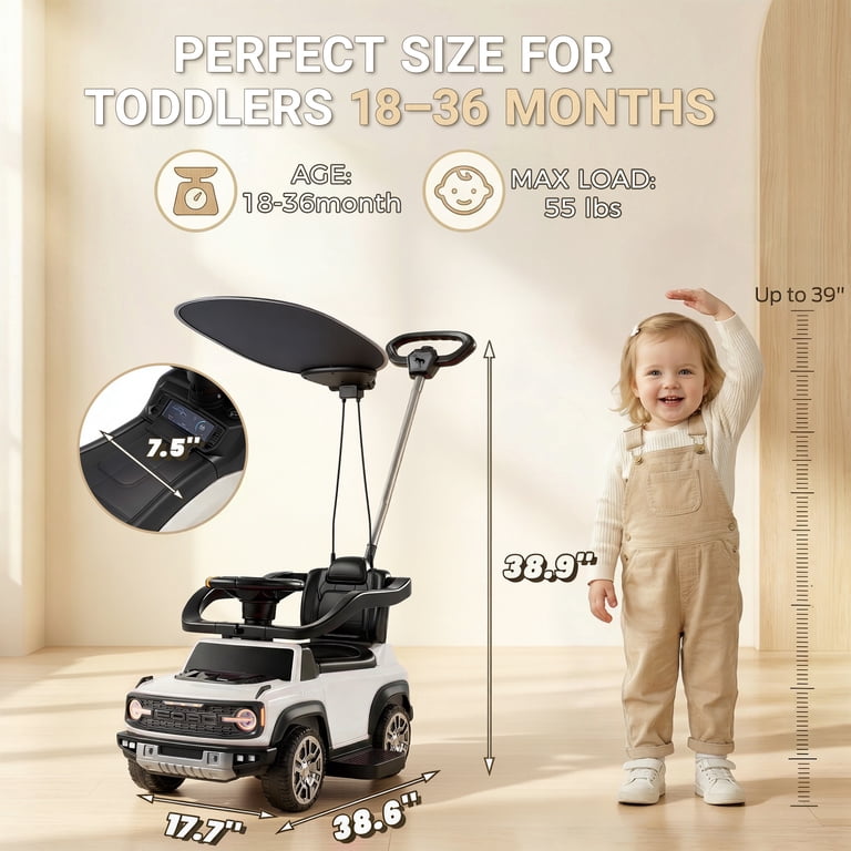 Ford Bronco 3 in 1 Push Car with Canopy for Toddlers 1–3, Ride On