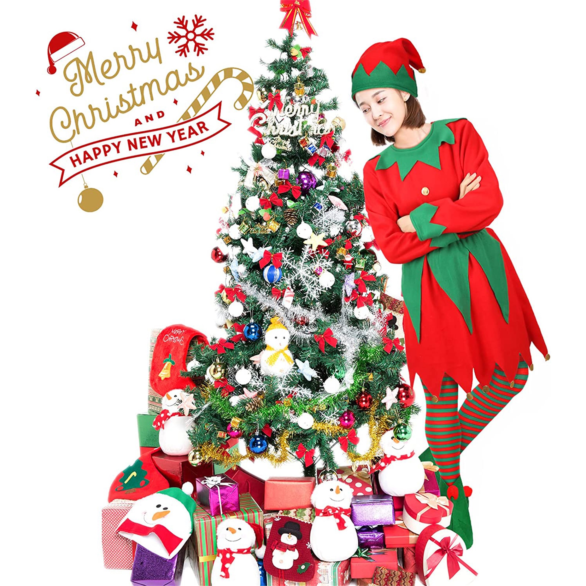 Douhoow Women Christmas Elf Girl Costume, Long Sleeve Dress+Hat+Shoes+Striped Stockings - image 4 of 9