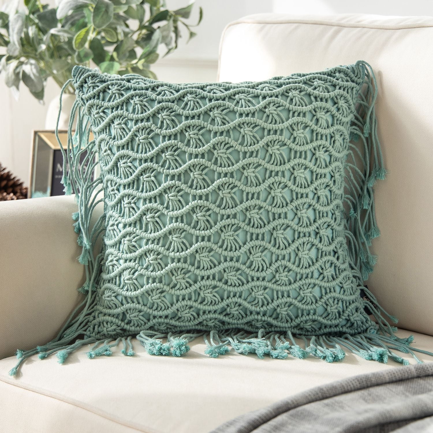 Phantoscope 100% Cotton Handmade Crochet Woven Decorative Throw Pillow, 18 x 18 in Square Cushion with Tassels, Boho Style, Turquoise, 1 Pack