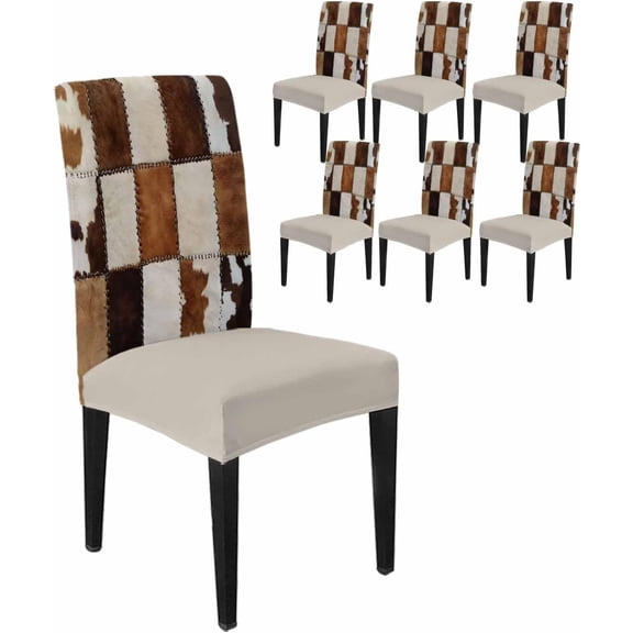 Stretch Chair Covers Set of 6, Cow Print Western Universal Fit Elastic Decorative Dining Chairs Slipcovers for Wedding, Banquet, Vintage Brown Animals