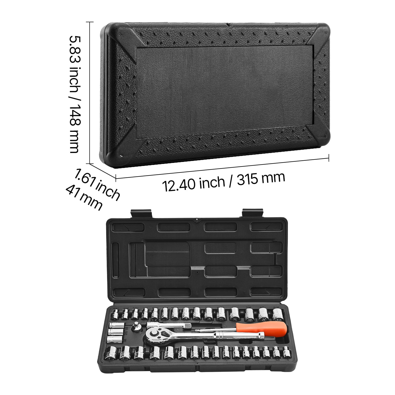 KFFKFF 39-Piece Socket Set with 3/8 & 1/4 inch Drive, SAE and Metric Sizes, Mechanic Tool Kit Featuring Ratchet Wrench, Accessories, Durable CR-V Alloy Steel, Includes Storage Case