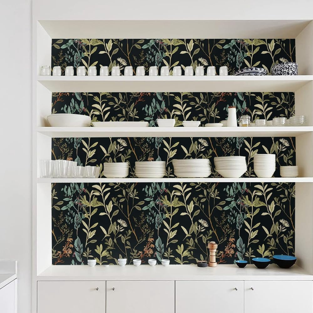 Blue/Brown/Yellow Wildflowers Grass in Black Leaf Flowers Peel and Stick Wallpaper Wall Decor Self Adhesive Wall Paper Stick on Easy Peel Off Contact for Renter Apartment
