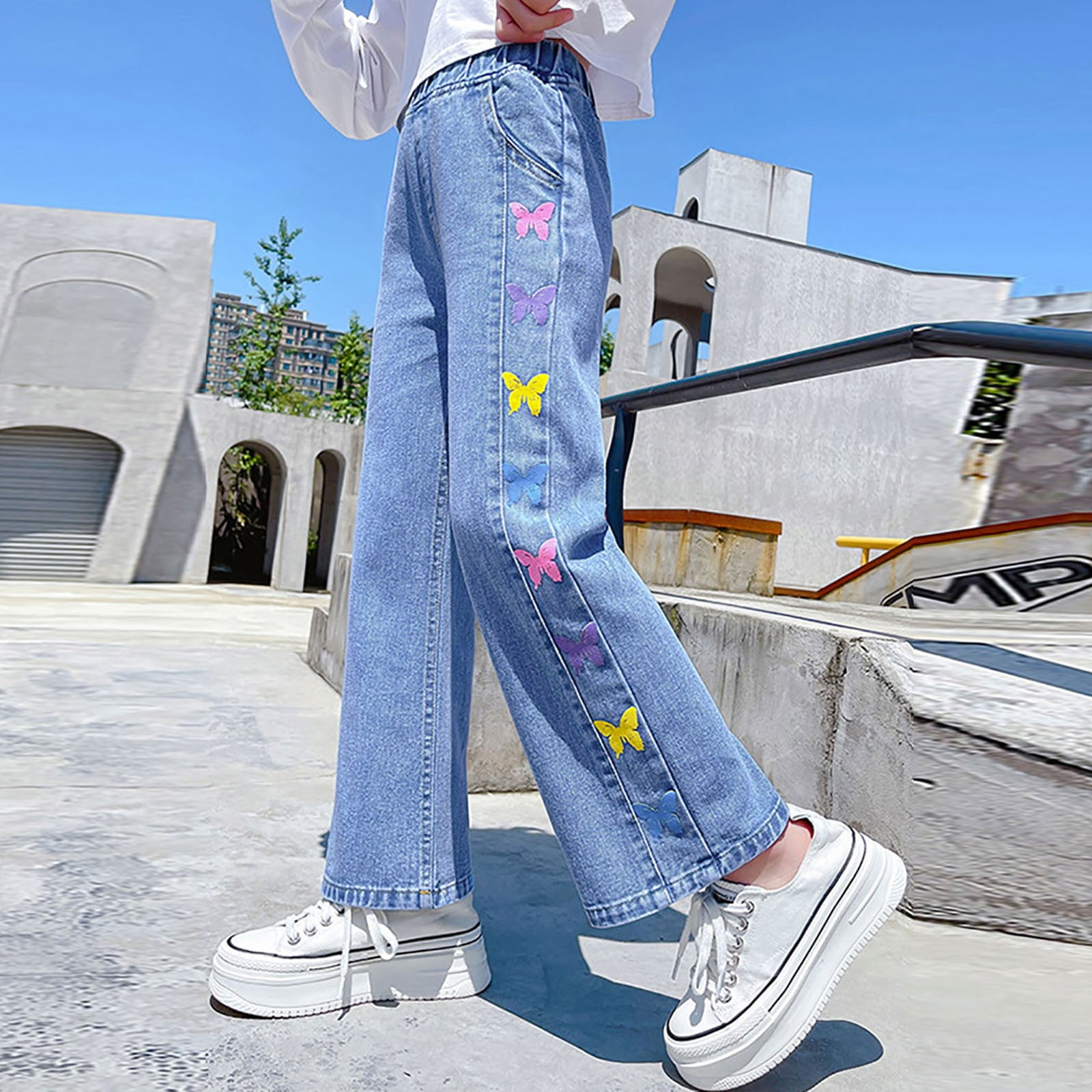 Happy Cherry Filles Jeans Déchiré Baggy Bleu Clair Denim Pantalon Large Enfant Mode Rétro Jeans à