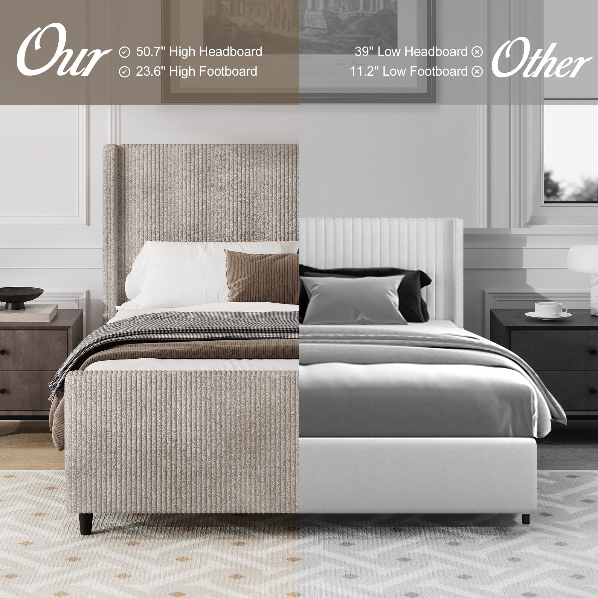 Miniyam King Size 50.7'' High Headboard Corduroy Upholstered Bed Frame with Vertical Stripe Wingback and High Footboard,No Box Spring Needed,Taupe