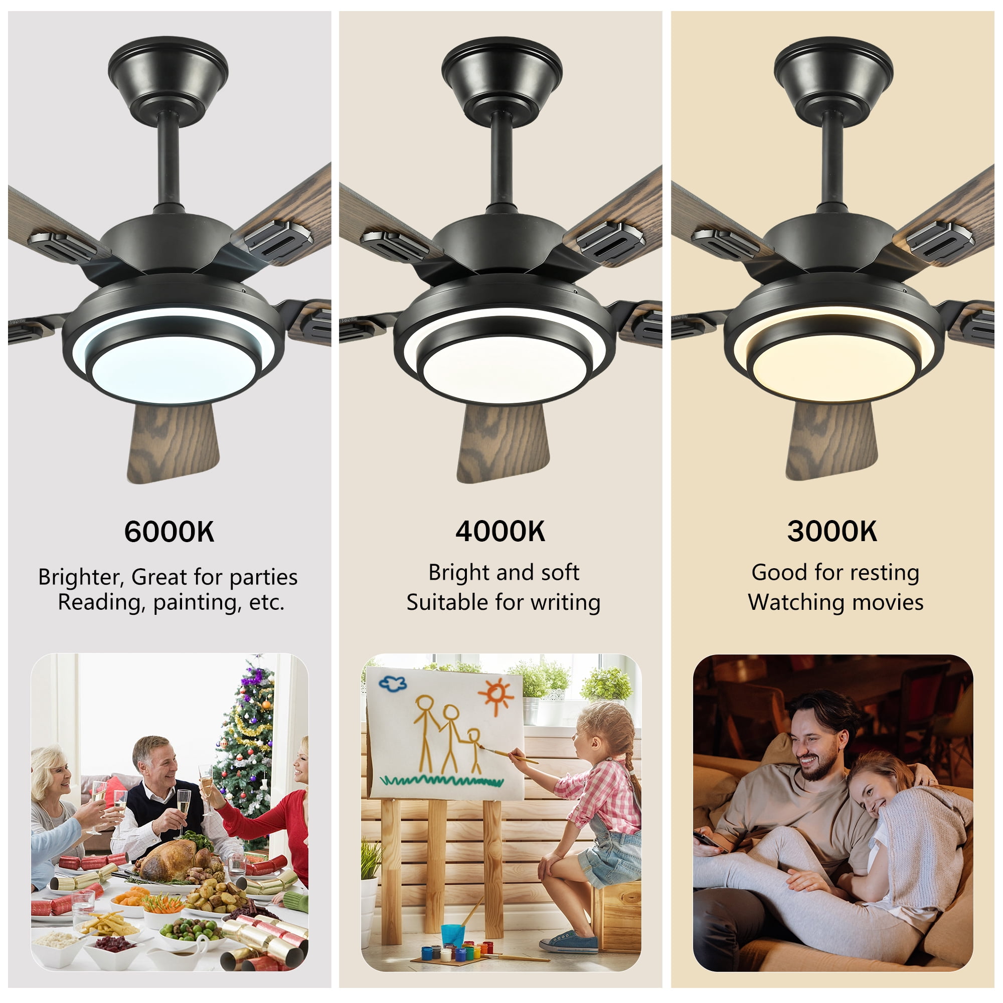 Leumius 42"Ceiling Fan with LED Light, 3000-6500K Dimmable,Quiet DC Motor Ceiling Fans 6 Speed Levels,Reversible Ceiling Fan for Patio Living Room Bedroom Office