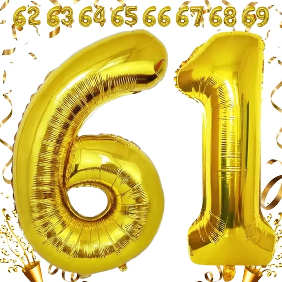 Gold 61 Number Balloon 32 inch Helium & Air Filled Foil Mylar Self-Seal Metallic Balloons for 61st Birthday, Anniversary, Graduation Event Ceremony