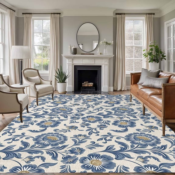 Blue Flowers Area Rugs 6'x9', Washable Small Throw Rugs for Kitchen Dining room, Spring Floral Elegant Pastoral Rustic Indoor Outdoor Rug Non-Slip Low Pile Carpet Runner Reversible Floor Mats