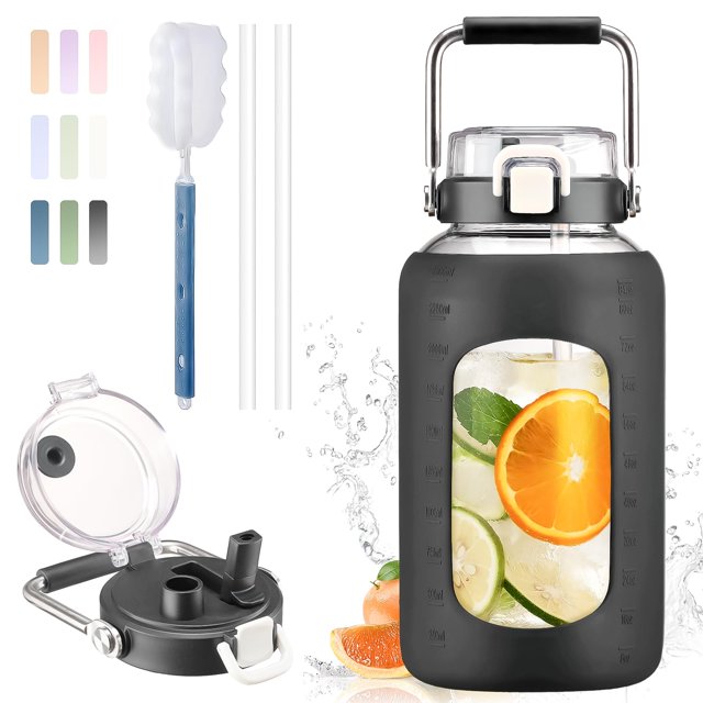 Botella de Agua BLUEGO 2.5L de Vidrio con Asa de Acero Inoxidable Negra