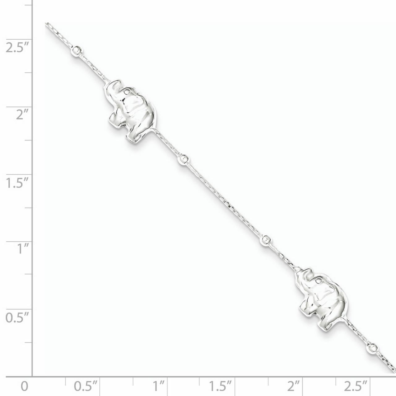 925 Sterling Silver 8mm Polished Elephant Chain Anklet with 2in Extender Length