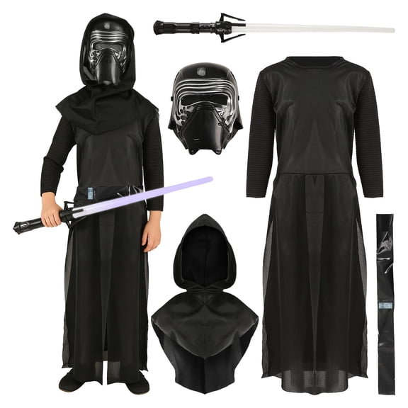 Kids Dark Warrior Halloween Costume Set - 3-Piece Black Outfit with Hood, Mask, Toy Saber & Belt for Boys Cosplay
