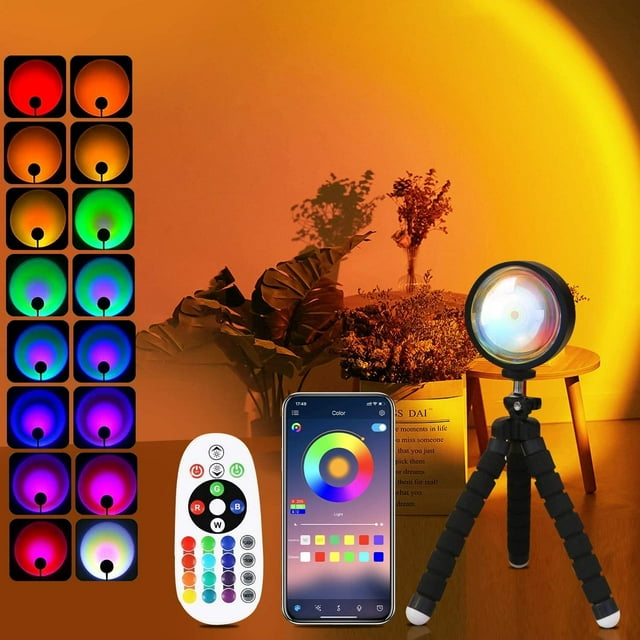 QUIGO Lámpara de puesta de sol Proyector Lámpara de sol Lámpara de luz solar Luz de puesta de sol Proyección de solset 16 luces LED de arco iris que cambian de color con luz nocturna controlada por ap