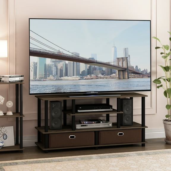Furinno JAYA Large TV Stand for up to 55-Inch TV with Storage Bin, Columbia Walnut/Black/Dark Brown