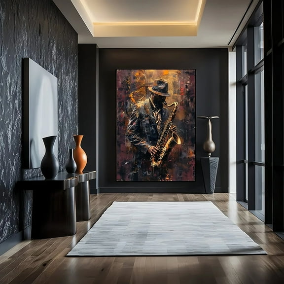 1pc Extra Large Saxophonist Painting - Modern Abstract Jazz Music Poster in Black, Golden, Red, Brown - Canvas Print Wall Art Decor for Living Room, Bedroom, Office