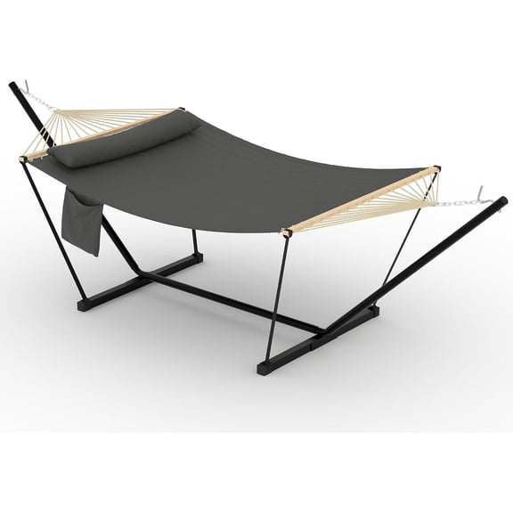 Double Hammock with Stand for Outdoor, Heavy Duty Portable 2 Person Hammock with Adjustable Steel Stand for Patio, Garden, Beach, Backyard