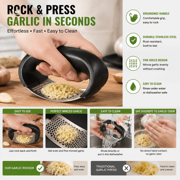 Heavy Duty Garlic Press, Stainless Steel Garlic Mincer and Crusher with Non-Slip Handle, Dishwasher Safe Garlic Tool for Kitchen Cooking and Meal Prep
