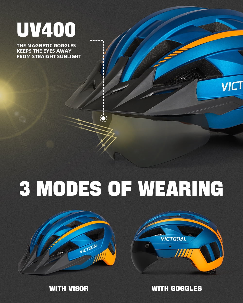 VICTGOAL Bike Helmet with Visor and Goggles USB Rechargeable Light for Adult Men Women