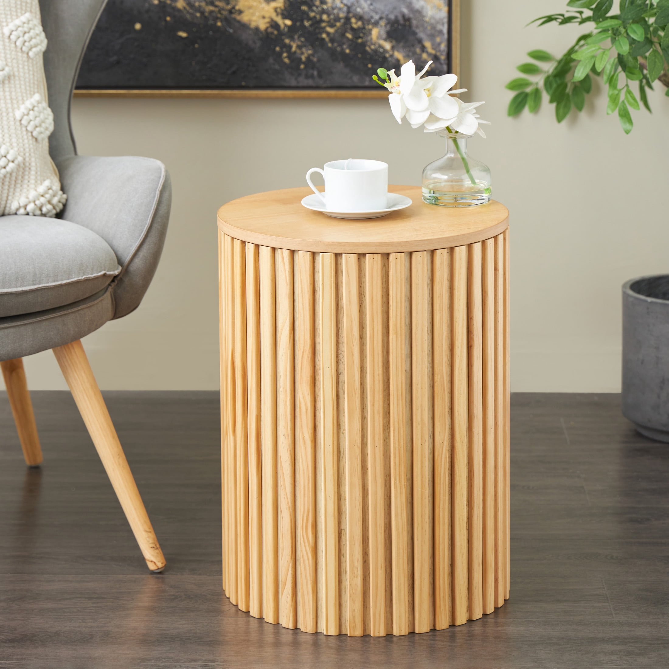 DecMode 16" x 21" Brown Wood Handmade Ribbed Storage Accent Table with Slatted Base, 1-Piece