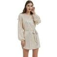 thumbnail image 3 of Robe à Paillettes Scintillantes pour Femme, Manches Longues, Col Ras du Cou, Dos Goutte d'Eau, Mini Robes avec Ceinture, Champagne, Petit, 3 of 5