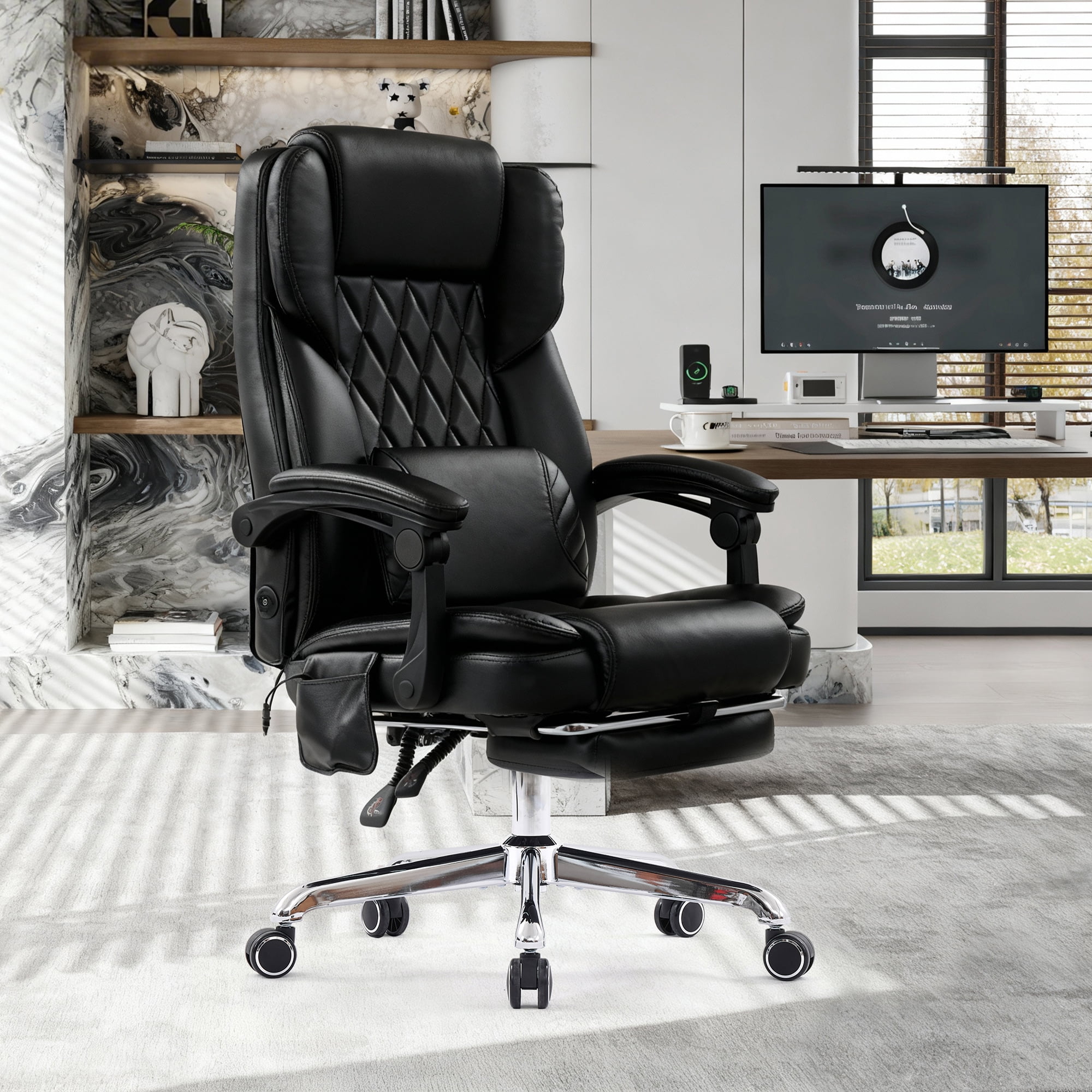 EOP Big and Tall Massage Office Chair, Faux Leather Ergonomic Computer Chair with Back Support Pillow, High Back Reclining Desk Chair for Heavy People, Black