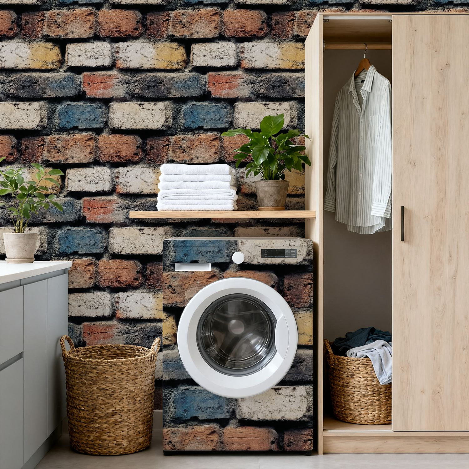 Industrial Peel and Stick Wallpaper 17.7in x 9.8ft Brick Wall Texture Multicolored Weathered Bricks Contact Paper Vinyl Waterproof Self Adhesive Wall Paper for Bedroom Shelf Cabinet Renter Friendly