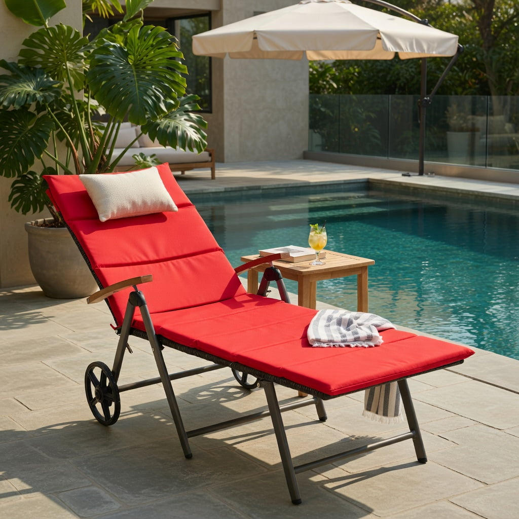 Hommoo Outdoor Rattan Chaise Lounge Chair with Adjustable Backrest & Wheels, PE Wicker Aluminum Frame, Foldable Sun Lounger for Patio, Pool, Deck, Red