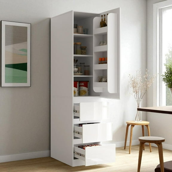 GZXS 70.87" Tall White Pantry Cabinet with 4 Door Shelves, Adjustable Interior Shelves, 3 Drawers, Freestanding Narrow Cupboard for Kitchen, Dining, Living Room, Bedroom