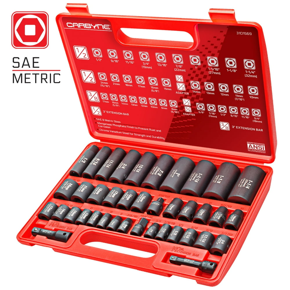 CARBYNE 40 Piece Impact Socket Set, SAE & Metric, Standard and Deep