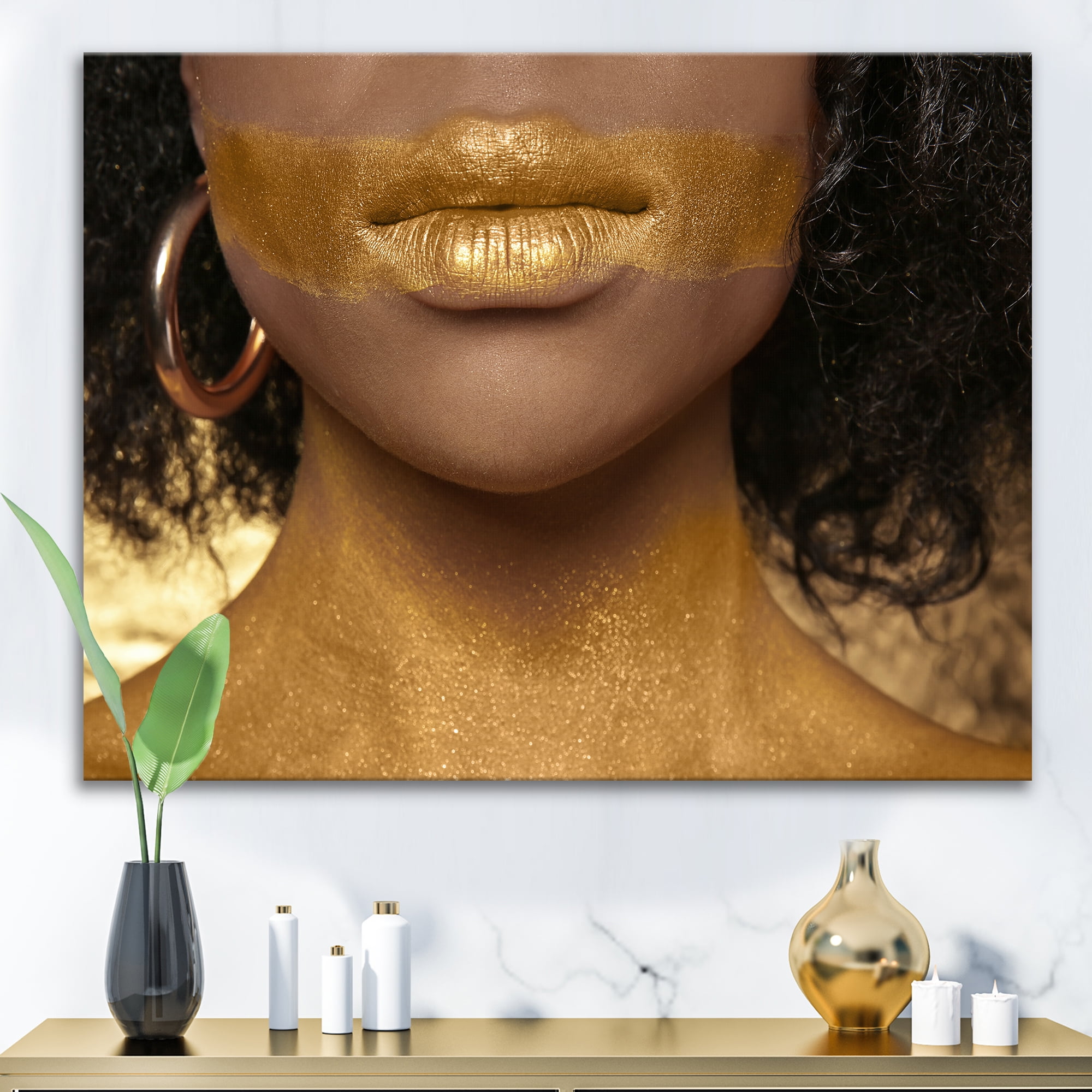 Designart ' Afro American Girl With Golden Paint on Body ' Modern Canvas Wall Art Print