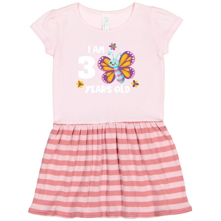 

Inktastic I Am 3 Years Old Cute Smiling Butterfly with Flowers Gift Toddler Girl Dress
