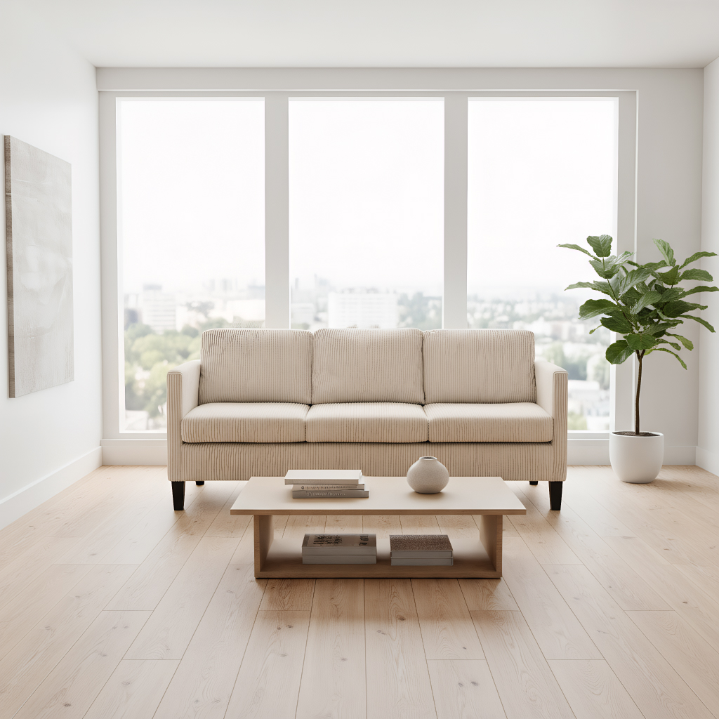 L-Shaped Sectional Couch 67 inch Corduroy 3-Seater Sofa with Reversible Chaise for Small Space Apartment Dorm Living Room Modern Off White