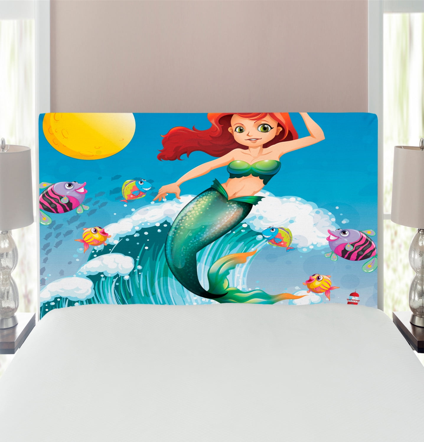 Mermaid Headboard, Illustration Little Girl on top of a Big Wave in the ...