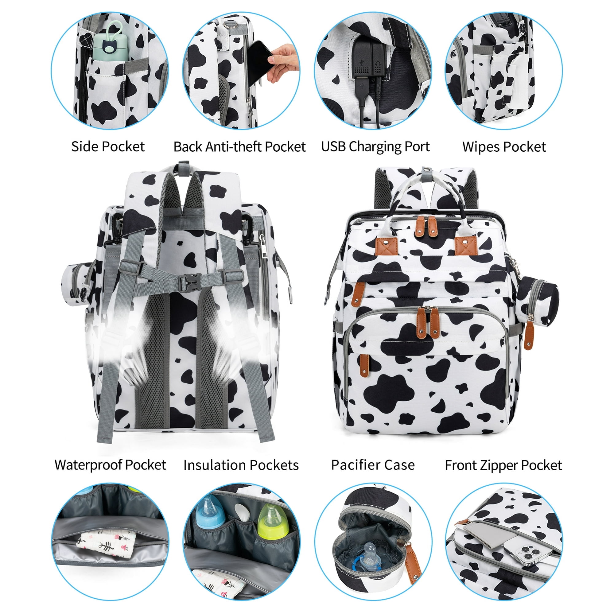 Baby Diaper Bag Backpack with Changing Station & USB Charging Port, Multifunctional Newborn Baby Bag Backpack, Cow