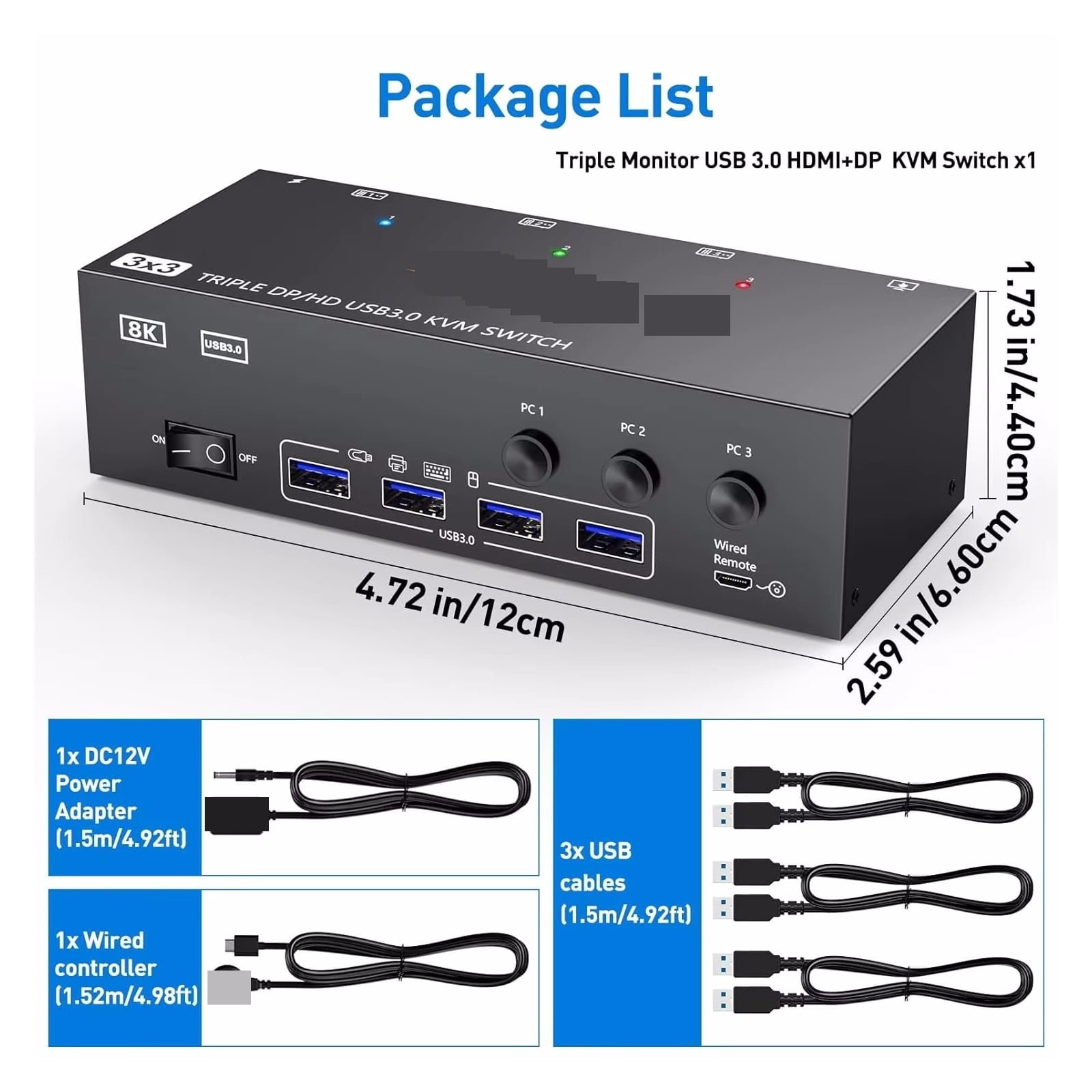 8K USB 3.0 2.1 DP 1.4 KVM Switch 3 Monitors 3 Computers, 8K60Hz,4K144Hz Triple Monitor KVM With 4 USB 3.0 Ports