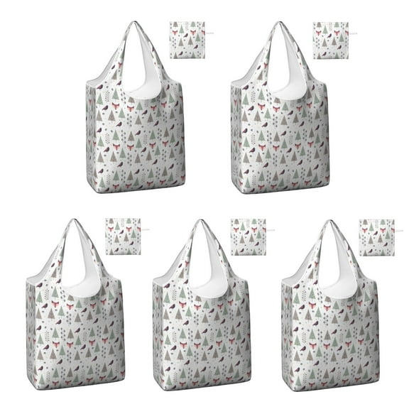 5 Pack Foldable Shopping Bag,Christmas Forest Pattern Reusable Grocery Bags with Pockets,Large Reusable Tote Bags with Handles Waterproof & Lightweight